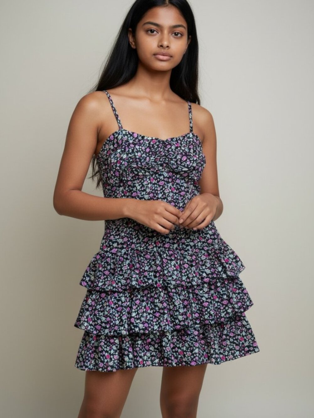 EXPRESS - Ditsy Floral Tiered Ruffle Mini Sundress - Spaghetti Strap Cami Dress